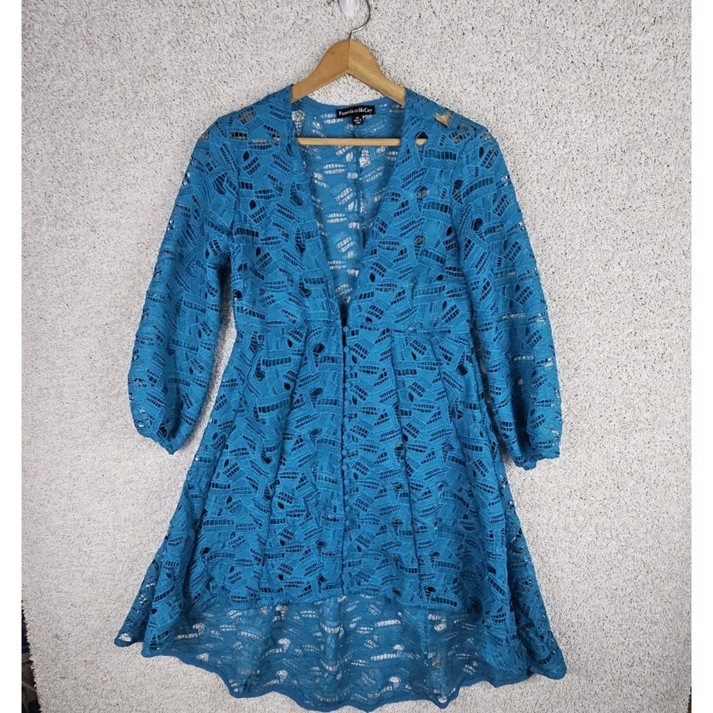 Pamela‎ McCoy Teal Blue Lace Kimono Cardigan Dress High Low Size XS Cottagecore
